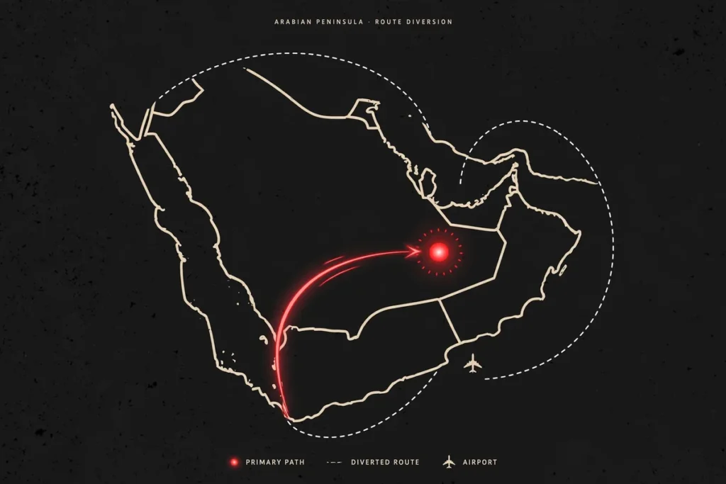 Infographic map showing Houthi missile trajectory toward Riyadh and diverted flight paths around Saudi airspace, October 2026