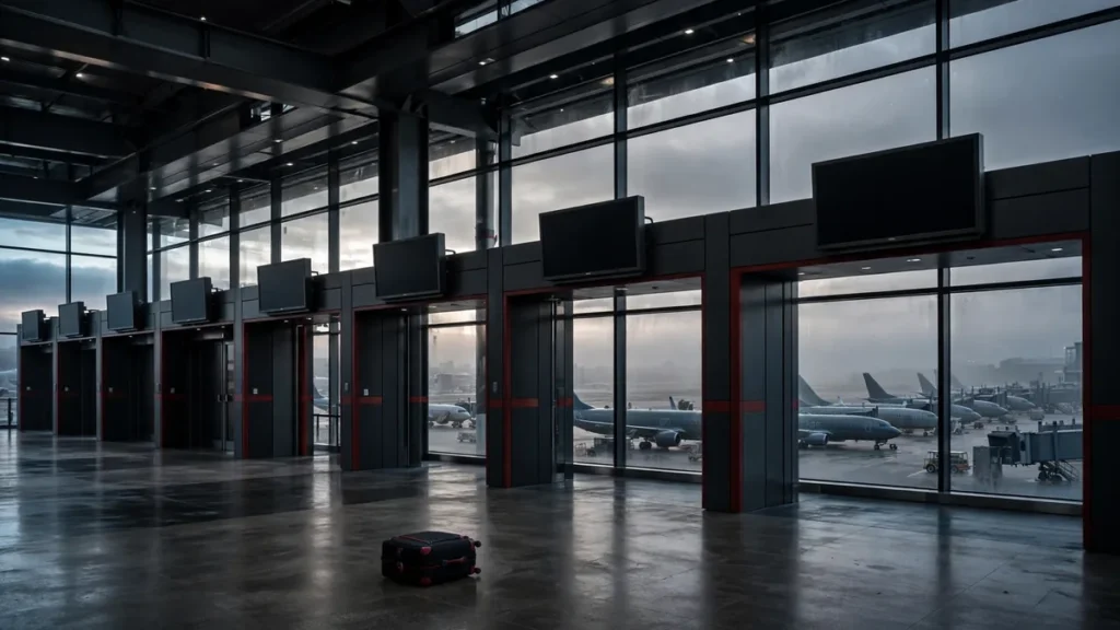 Grounded airliners at empty airport gates during the Riyadh airport closure, October 2026