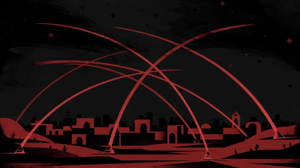 Air defence interceptor trails over a desert city skyline at night, editorial illustration