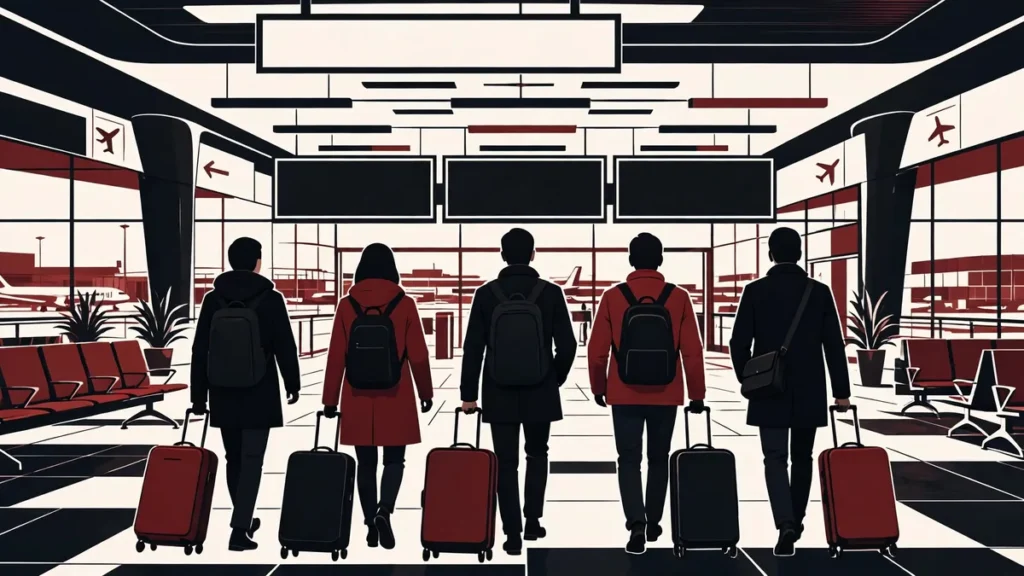 Travellers with suitcases in an airport departures hall, editorial illustration
