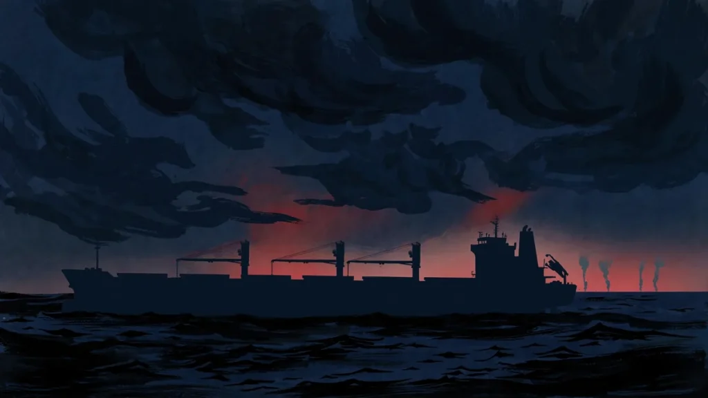 Editorial illustration of a generic cargo vessel at sea in the Black Sea, symbolizing the attacked grain ship Royad Mammadov