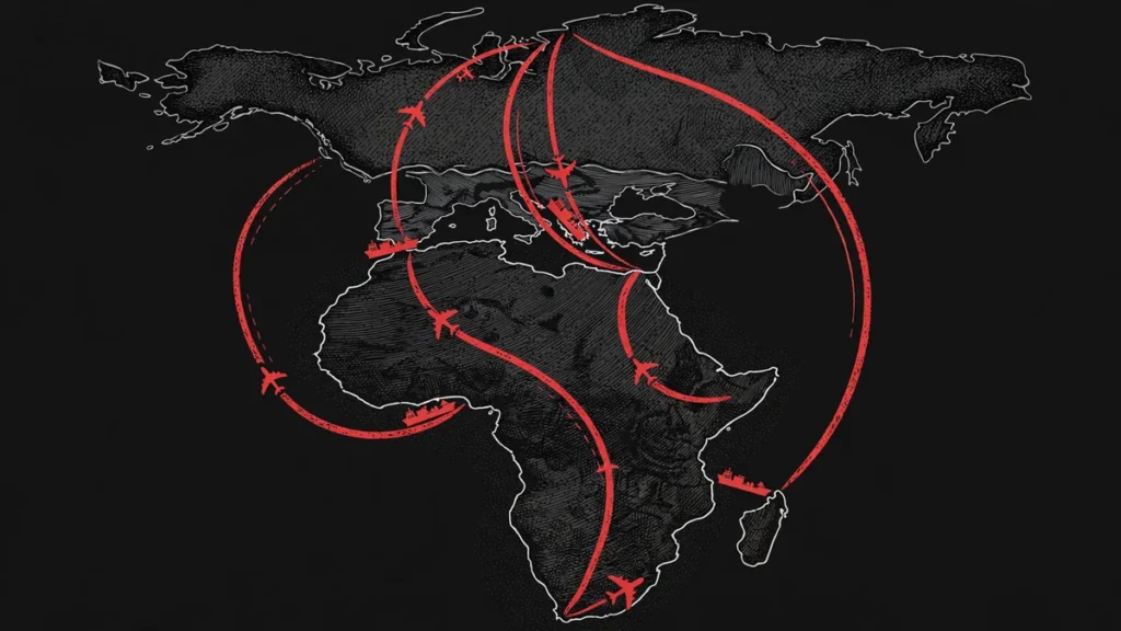 Editorial map illustration showing trade routes connecting Russia to African ports for the 2026 Russia-Africa Summit preview
