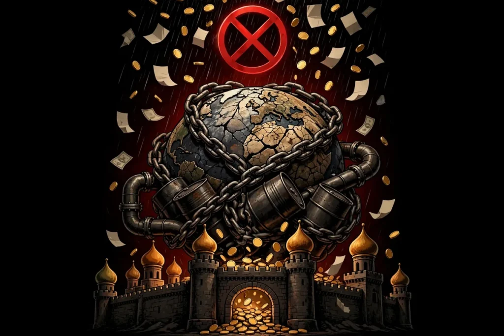 Editorial illustration of sanctions pressure on Russia oil exports and Kremlin tax revenue for the 2027 budget