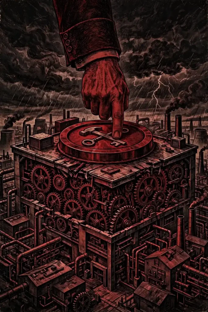 Editorial illustration of a government hand pressing a control dial onto a factory, symbolizing Russia's temporary-management seizures of European company assets