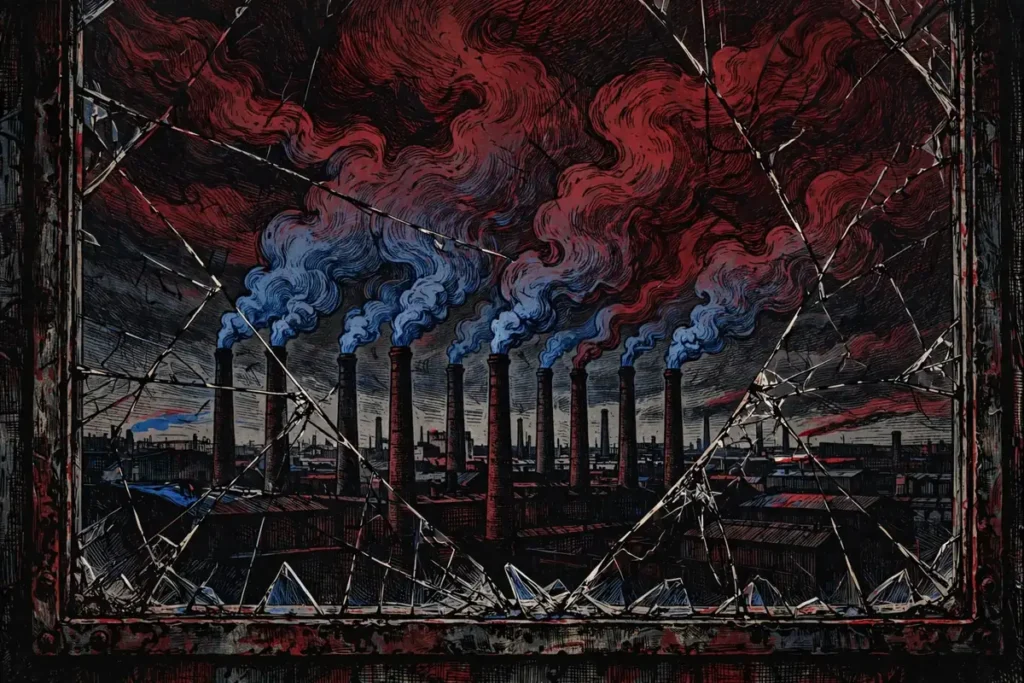 Editorial illustration of European factory chimneys seen through cracked glass, symbolizing the investor-risk impact of Russia's asset seizures