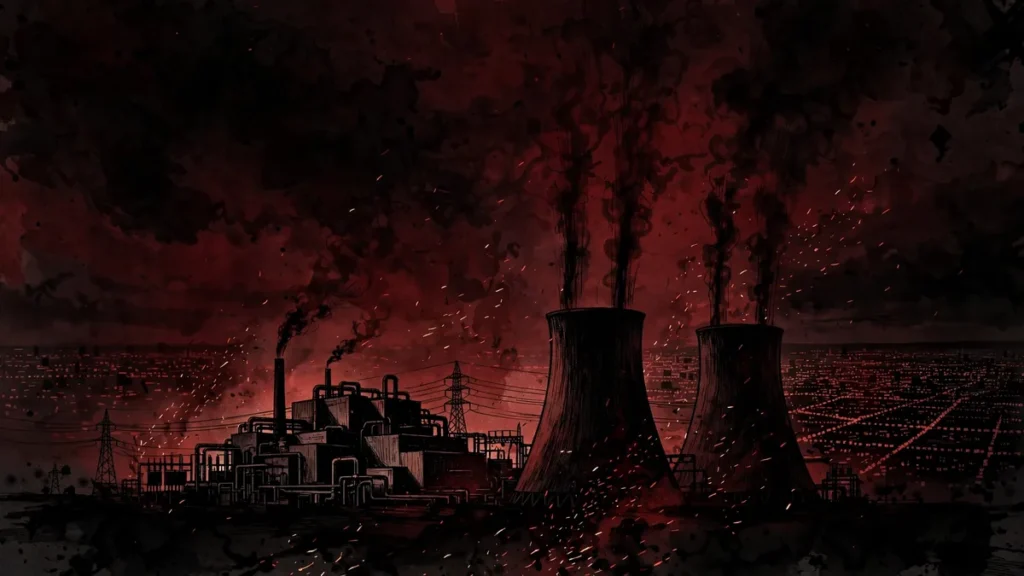 Combined heat and power plant silhouette against a dark crimson sky during the October 2026