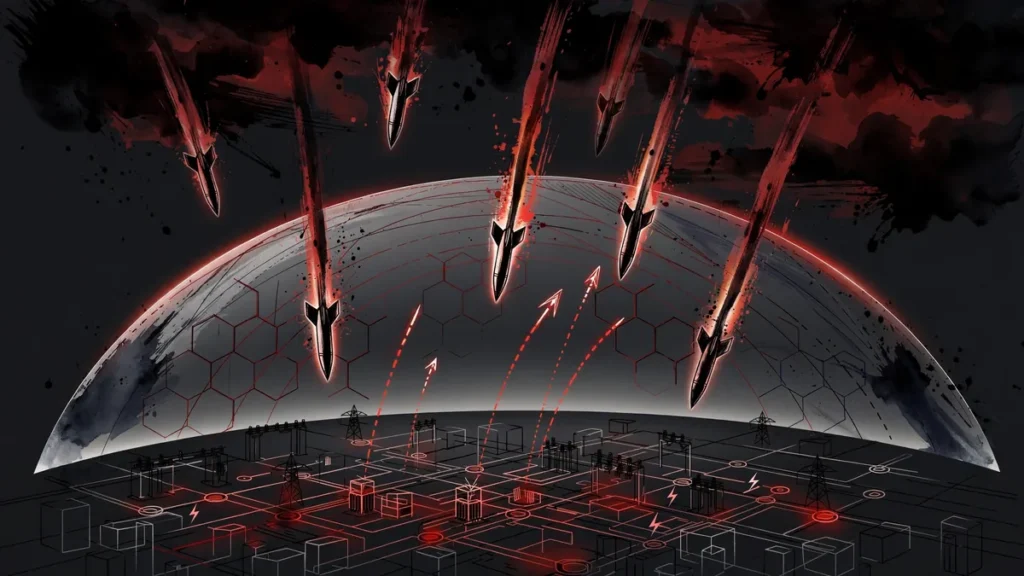 Symbolic illustration of a defensive shield over a city power grid as missile trails descend