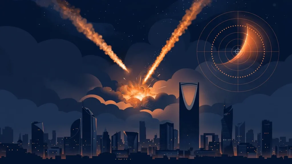 AI-generated illustration of air-defence interceptors over Riyadh at night, as Saudi Arabia accuses Iran of directing Houthi attacks