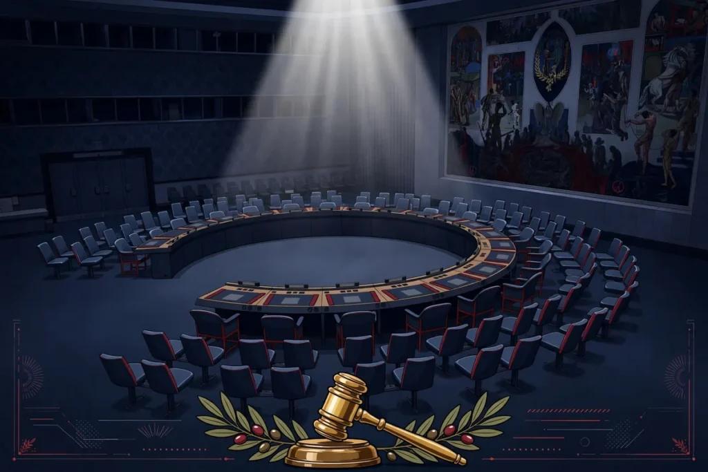 AI-generated illustration of the UN Security Council chamber after its condemnation of Houthi attacks on Saudi Arabia