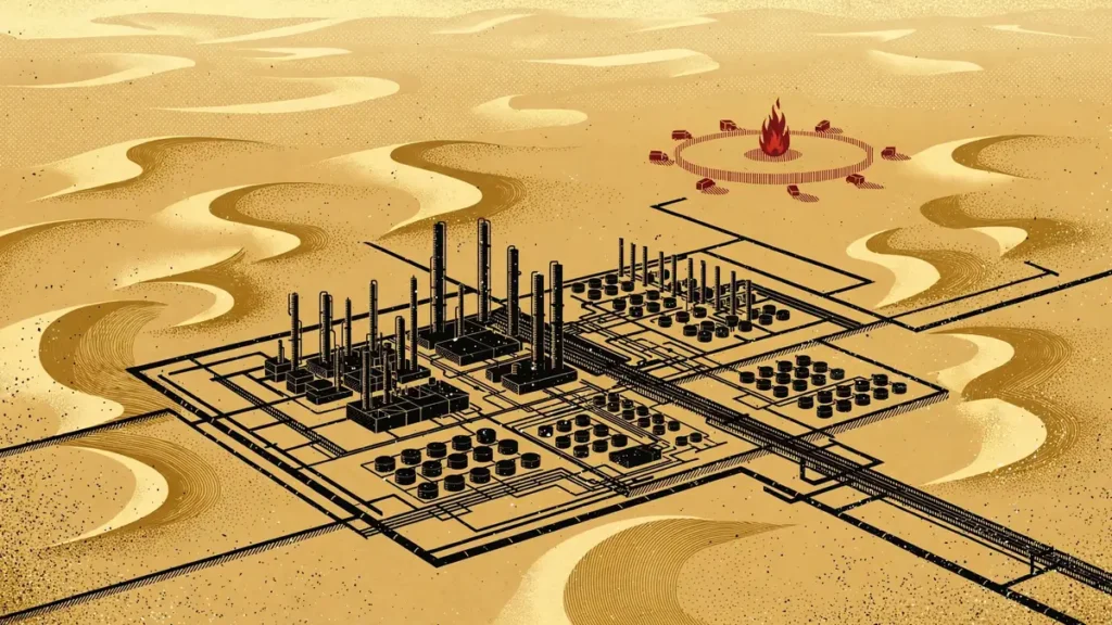 Aerial illustration of a Saudi desert oil facility