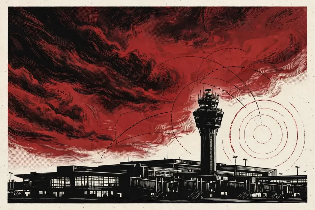 Saudi airport after Houthi strikes editorial illustration