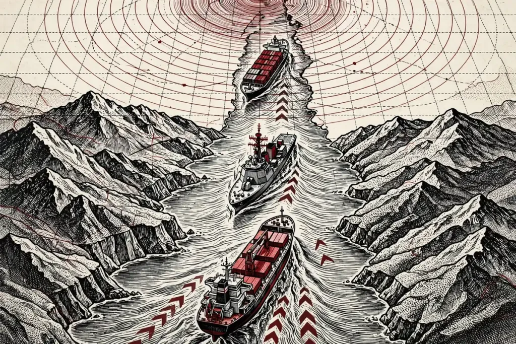 Bab el-Mandab strait shipping route editorial illustration