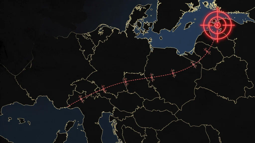 Stylized map illustration of the long-range Ukraine drone strike corridor to St. Petersburg in October 2026