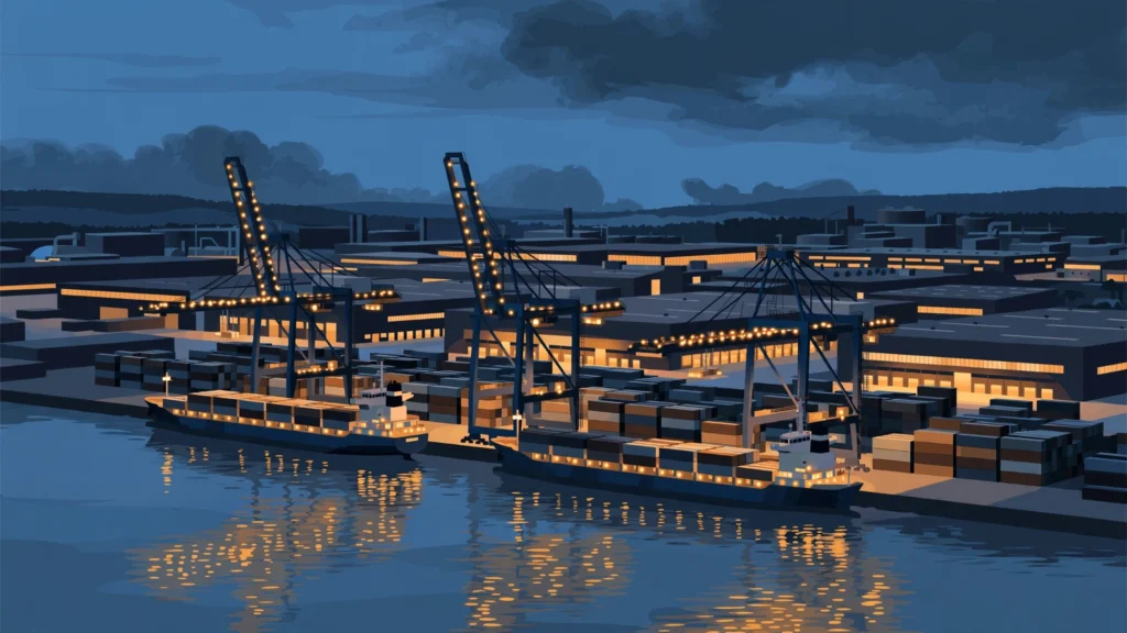 AI-generated illustration of a Baltic Sea cargo port and logistics hub at dusk, symbolizing the St. Petersburg drone strike targets of October 2026