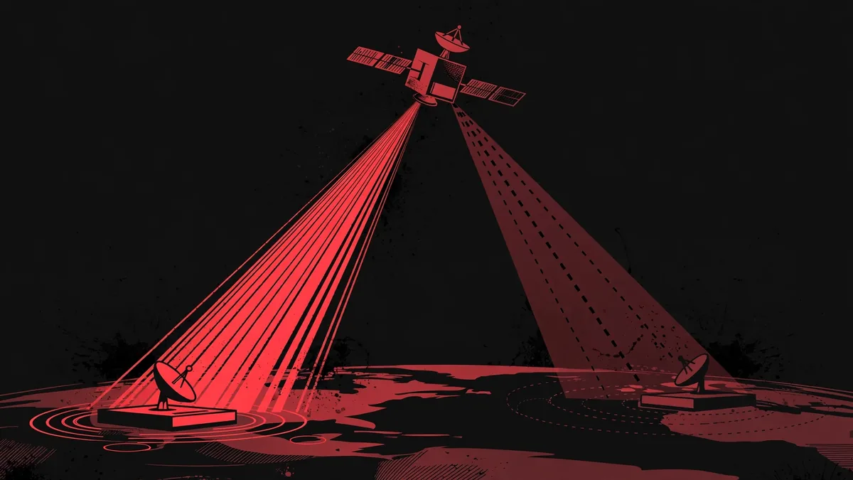 Satellite signal splitting into two beams, symbol of the Starshield restoration dispute