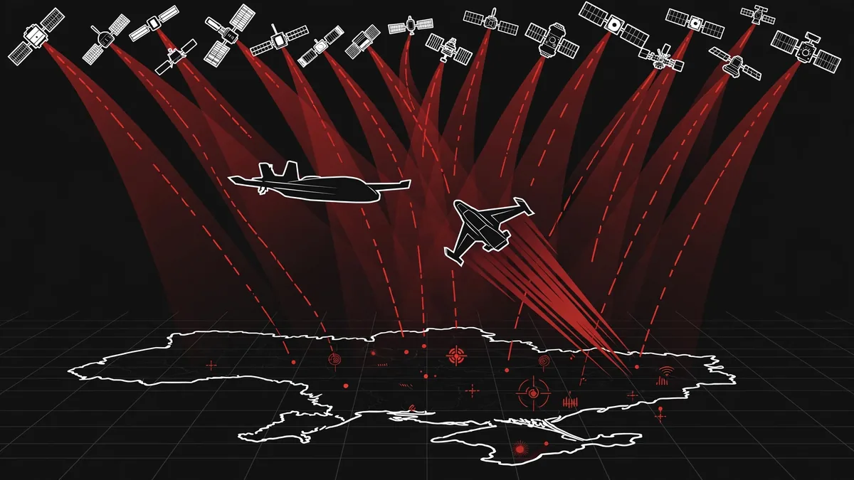 Editorial illustration of a Ukrainian interceptor drone with a broken Starshield satellite uplink beam