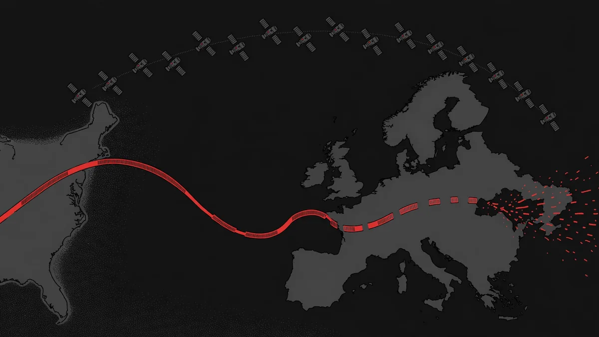 Editorial illustration of a satellite connection line from the United States across the Atlantic to Ukraine fragmenting near the end