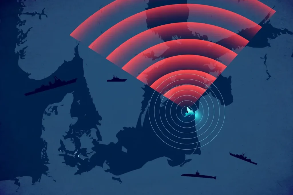 Illustrated map of the Baltic Sea region with radar arcs highlighting Kaliningrad