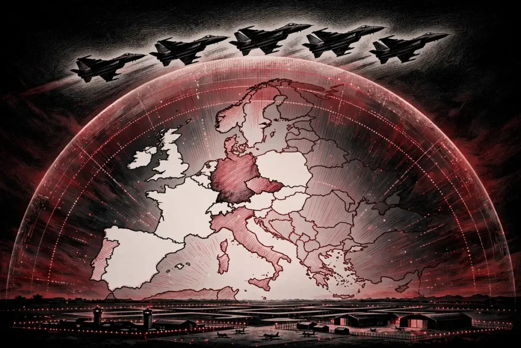 Illustration of NATO nuclear sharing: allied fighter jets under a protective shield over Western Europe