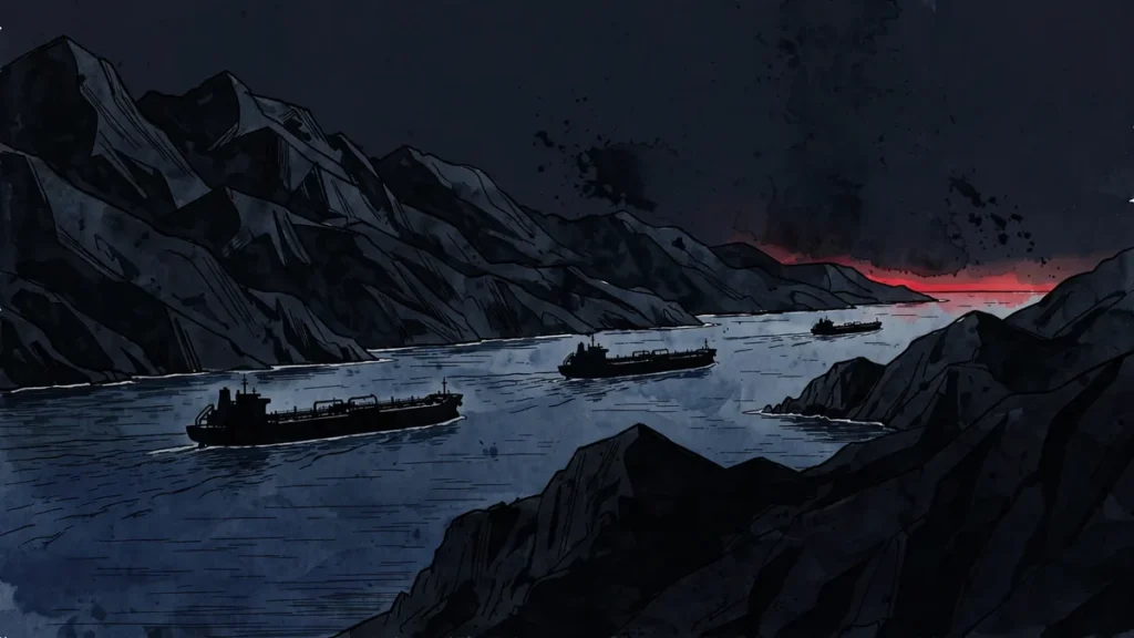 Oil tanker silhouettes sailing through the Strait of Hormuz at dusk — October 2026 update on