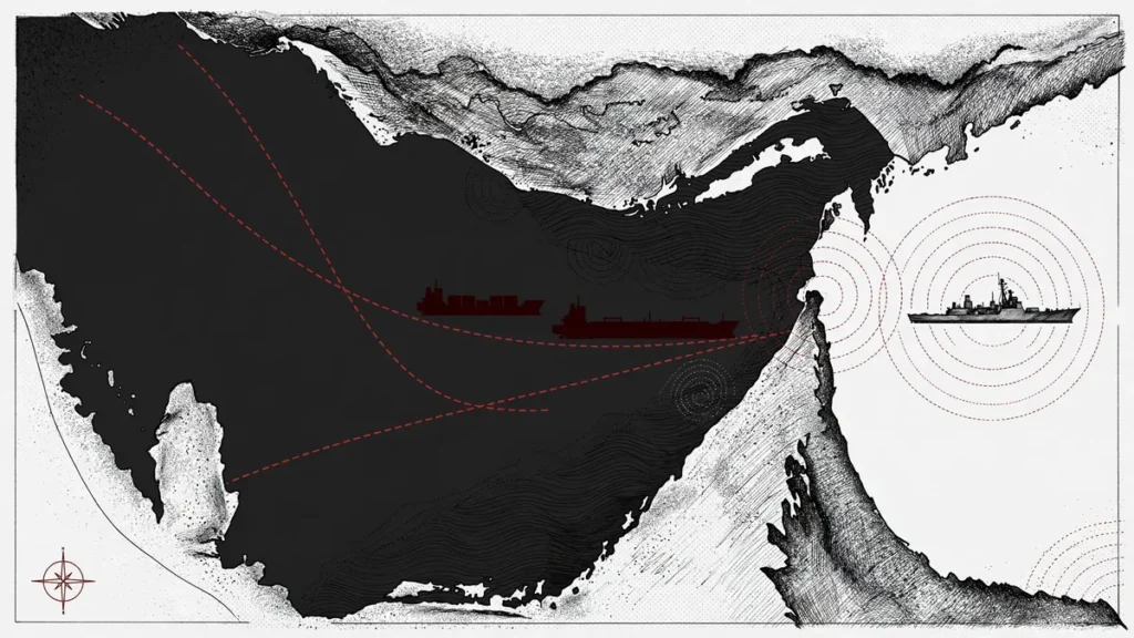 Editorial illustration of the Strait of Hormuz with shipping lanes, tanker silhouettes and naval vessels — Trump Iran ultimatum