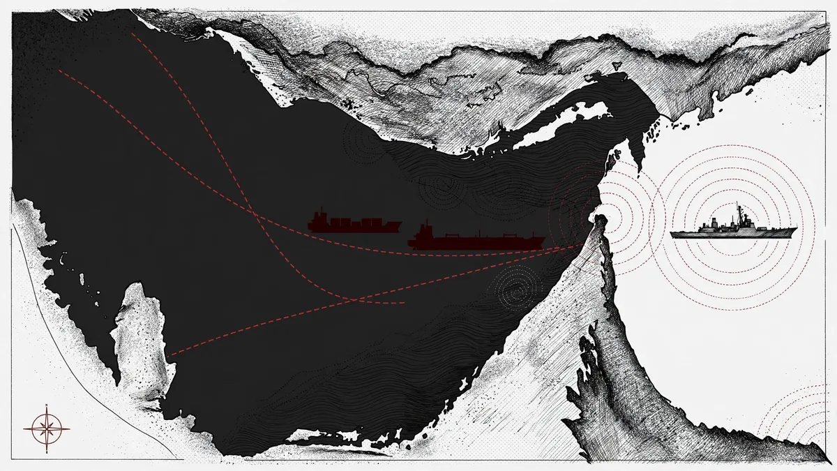 Strait of Hormuz shipping map showing tanker routes through the chokepoint targeted by the US naval blockade of Iranian oil