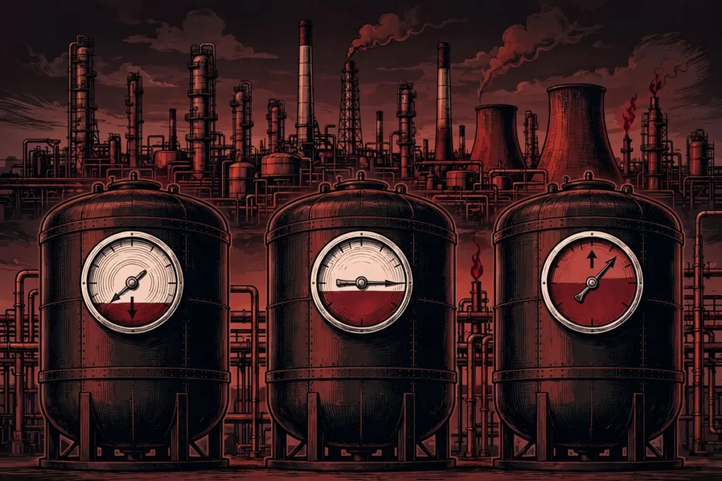 Illustration of strategic oil reserve storage tanks with reserve-level gauges showing depletion and refill