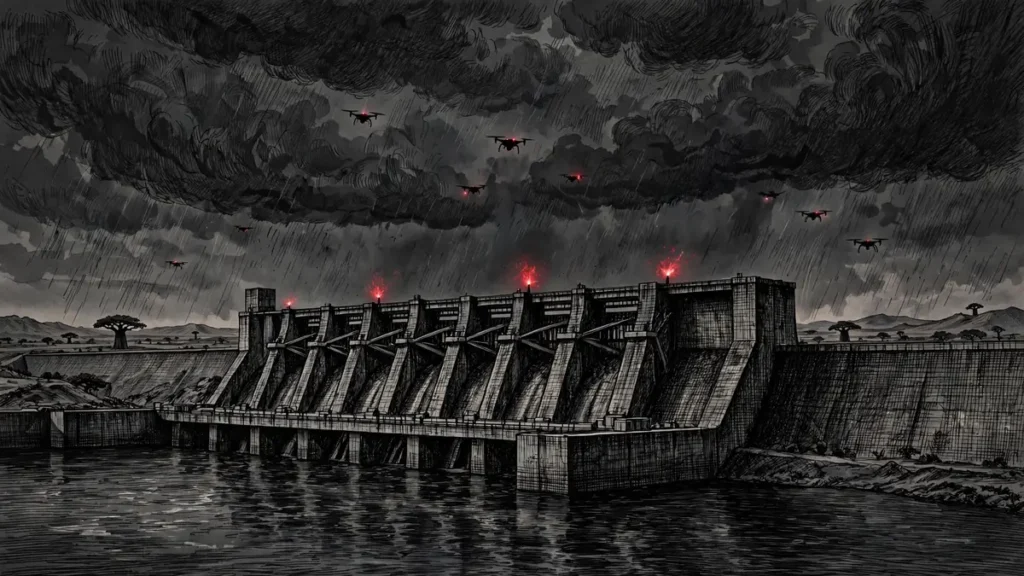 Editorial illustration of a dam at dusk with drone silhouettes in the sky, symbolizing reported drone threats to Sudanese dams in October 2026
