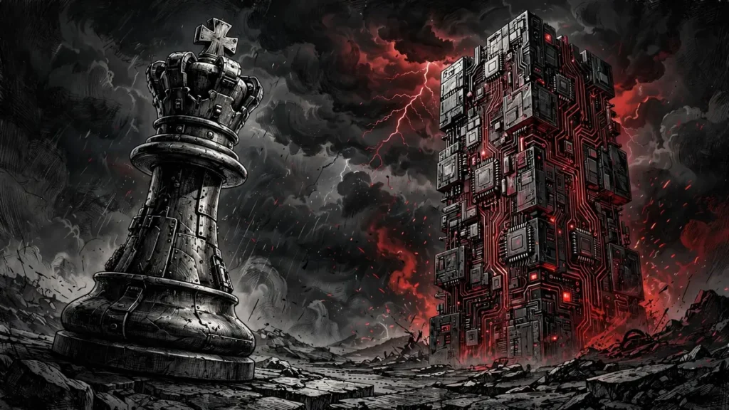 Super intelligence military: chess king versus circuit-board monolith, editorial illustration
