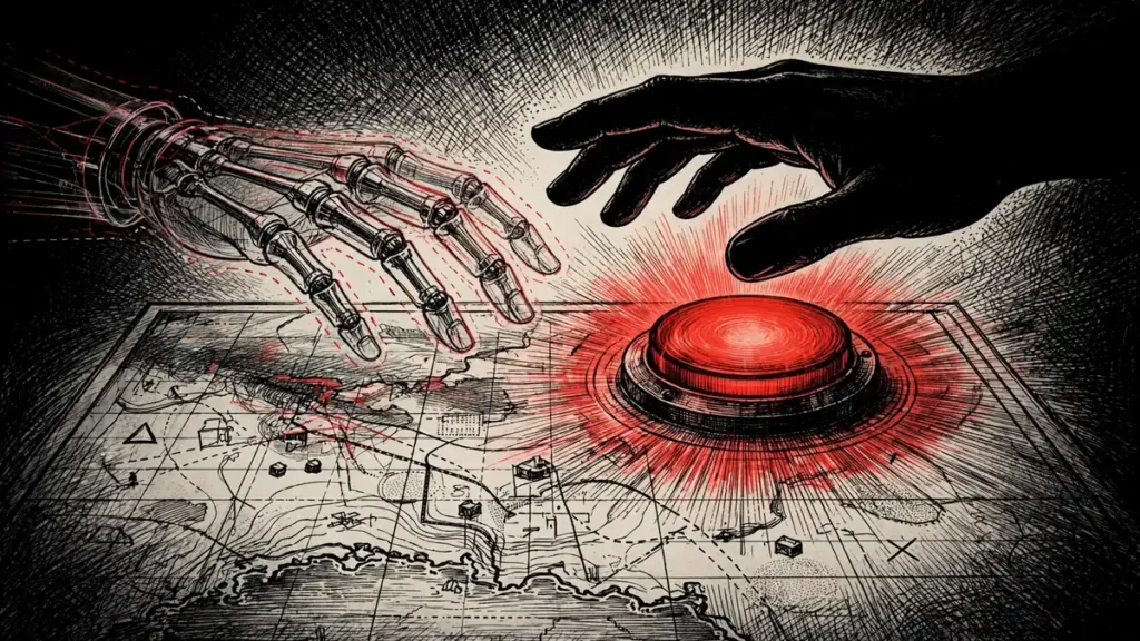 Super intelligence military: human hand over authorization button beside robotic hand, editorial illustration