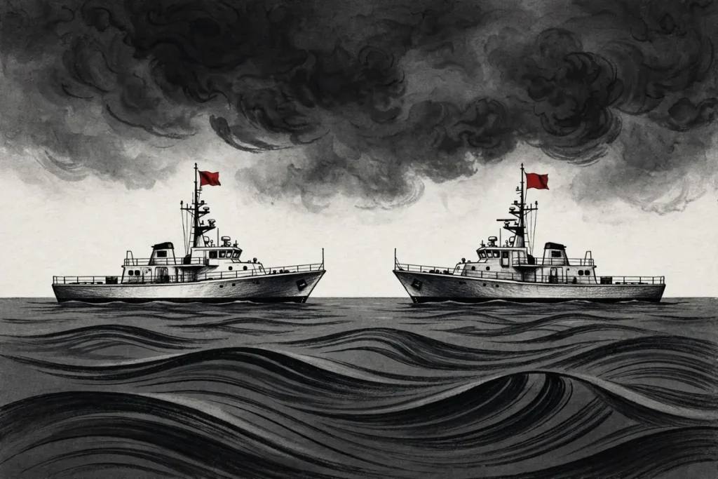 Editorial illustration of Taiwan and China coast guard cutters in a gray-zone standoff at sea