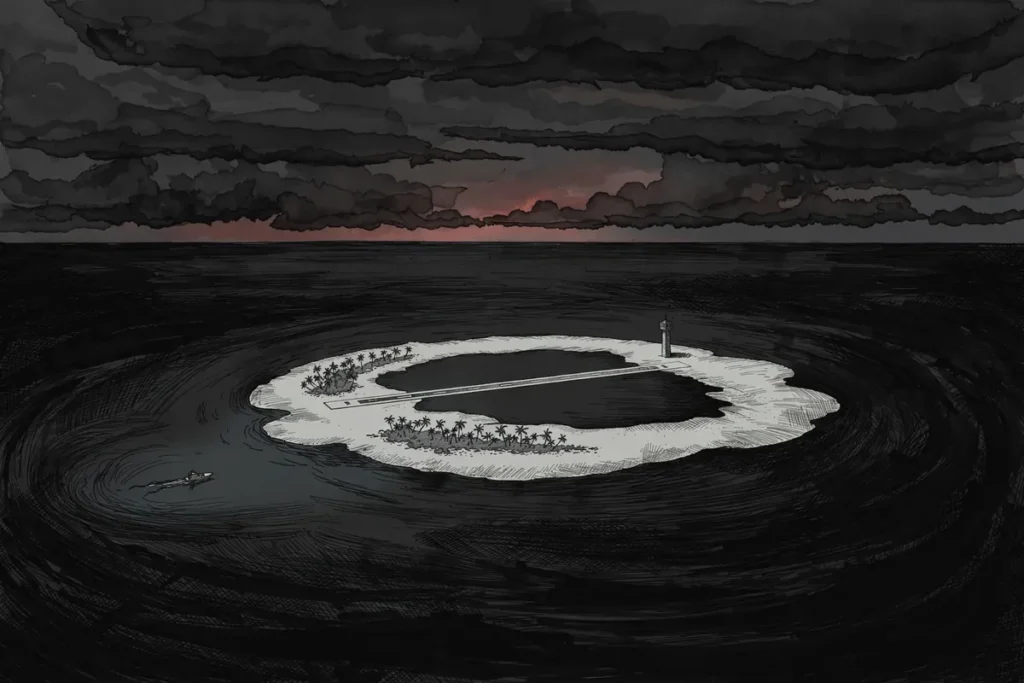 Editorial illustration of a patrol boat circling the Pratas Islands atoll in the South China Sea