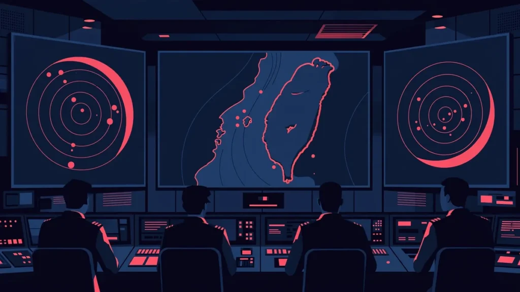Editorial illustration of a military monitoring operations room tracking Taiwan Strait activity