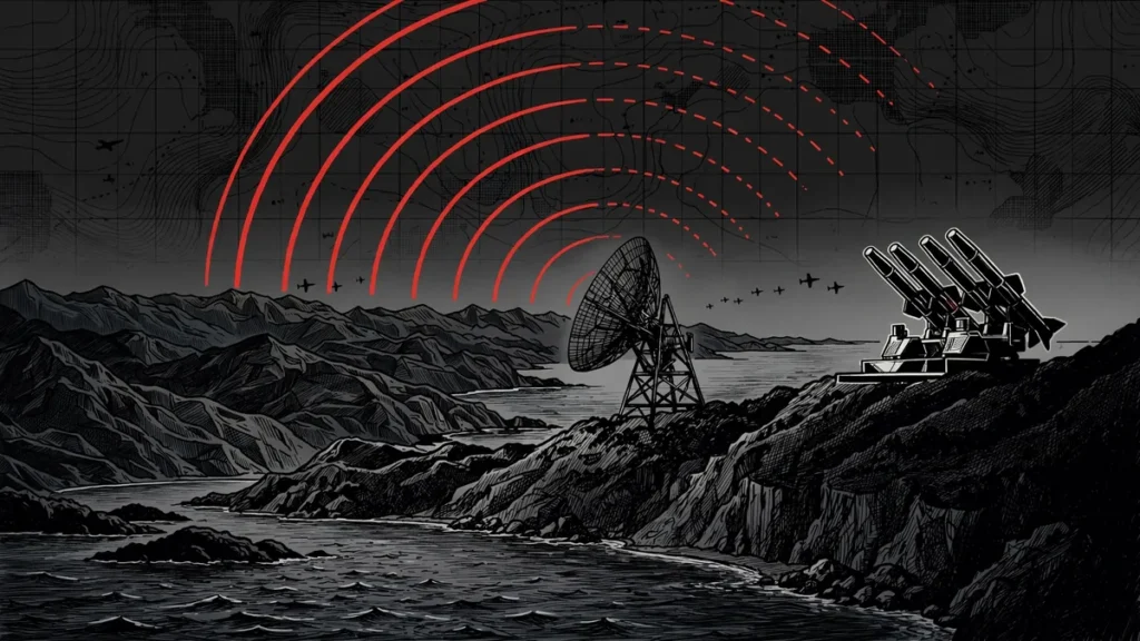 Editorial illustration of a stylized radar installation on a coastal ridge near Taiz with warning arcs and distant aircraft silhouettes