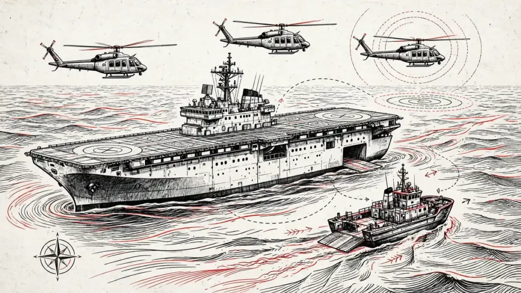 Generic amphibious assault ship and helicopters at sea, illustrating a Marine expeditionary deployment