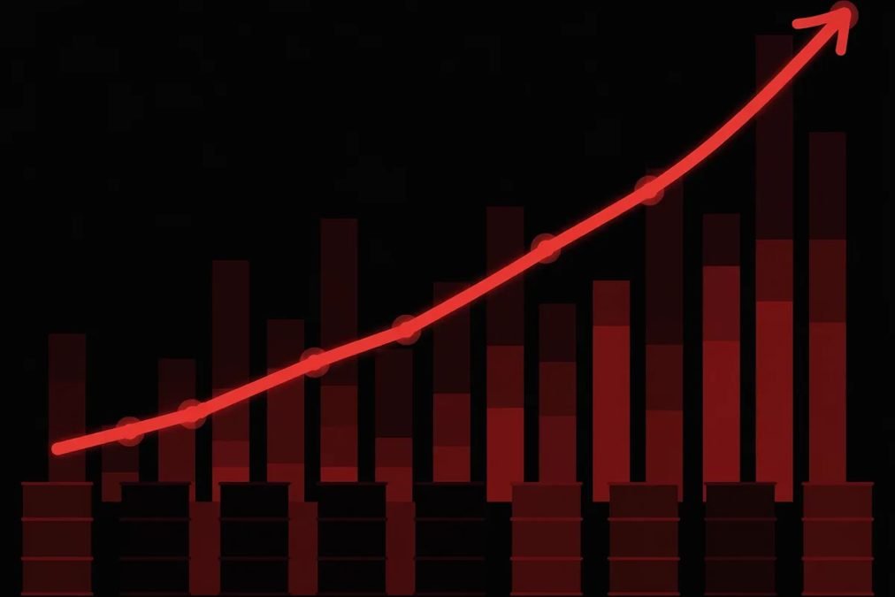 Illustration of a rising red oil-price chart with oil barrels — Brent crude near $108 after the third Hormuz tanker mine strike, October 2026