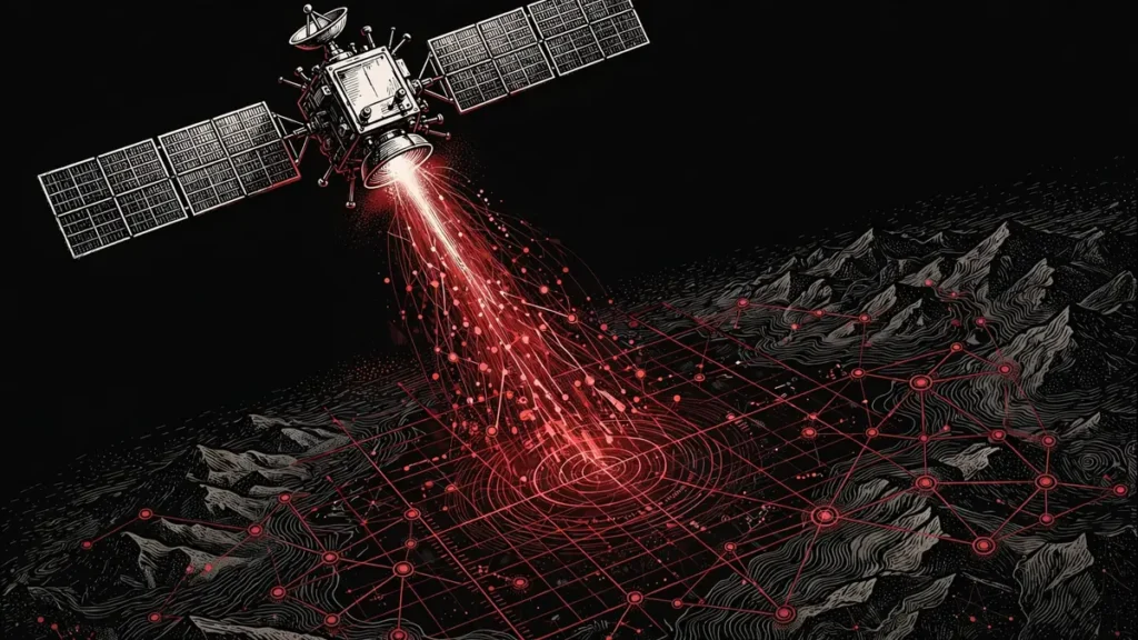Satellite beaming AI-processed intelligence data to a terrain map in Trump AI war strategy