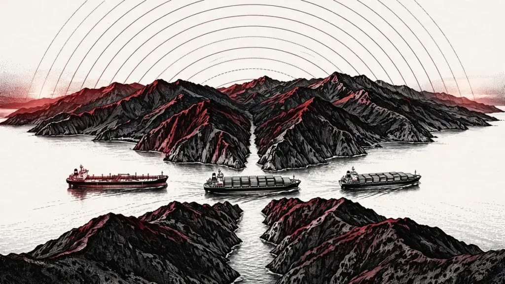 Editorial illustration of oil tankers passing through a strait at dawn - Trump blocked Netanyahu Iran strike October 2026