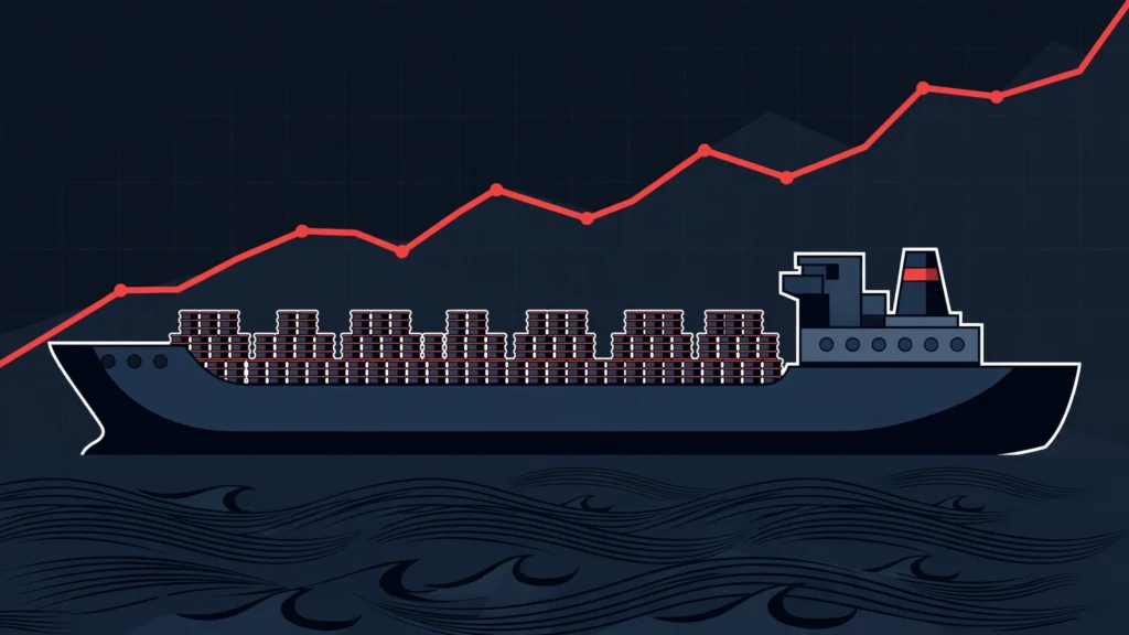 Illustration of an oil tanker at sea with a rising fuel price chart, representing the US-Russia diesel deal behind Trump's October 2026 energy ceasefire announcement