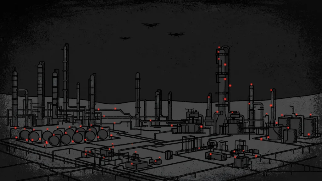 Illustration of an oil refinery at night with drone silhouettes, representing Ukraine's strikes on Russian refineries during the energy ceasefire dispute of October 2026