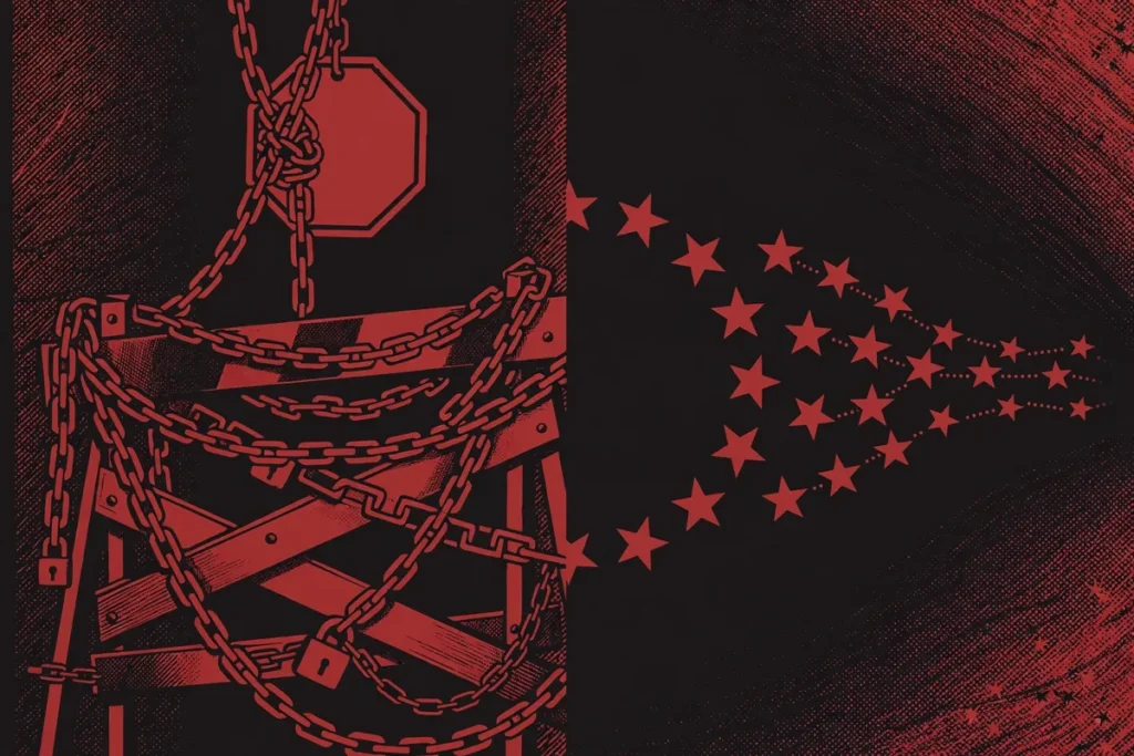 Symbolic illustration of suspended tariff barriers and diverging European stars — Trump Graham Act waiver explained 2026