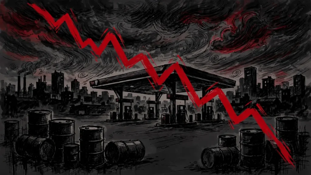 AI-generated illustration of a falling red price chart over a fuel station at dusk, symbolizing oil prices easing after Trump ruled out Iran strikes before the midterms