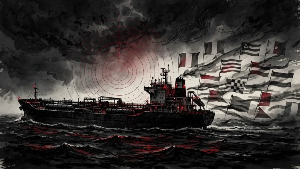 AI-generated illustration of a shadowy oil tanker with ghostly flags of convenience under a radar overlay, symbolizing Iran shadow fleet sanctions and the Trump no-strikes-before-midterms pledge