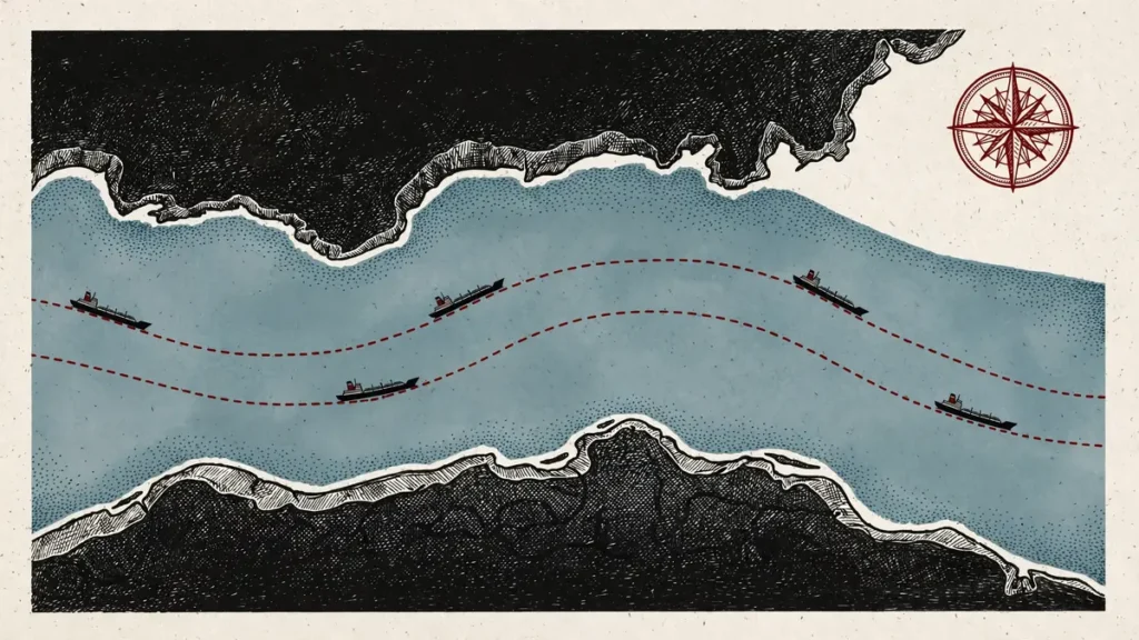 Trump Iran strike Sunday deal explained: stylised Strait of Hormuz shipping lanes