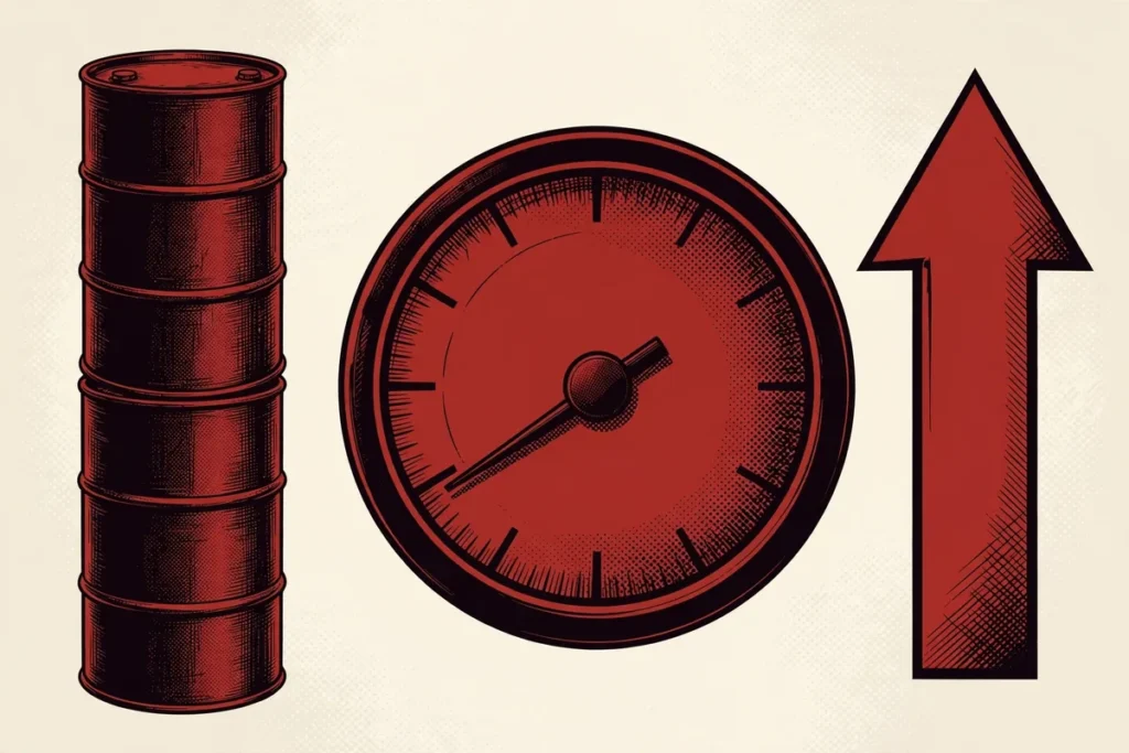 Infographic illustration of oil barrels and a diesel fuel gauge near empty with a rising price arrow