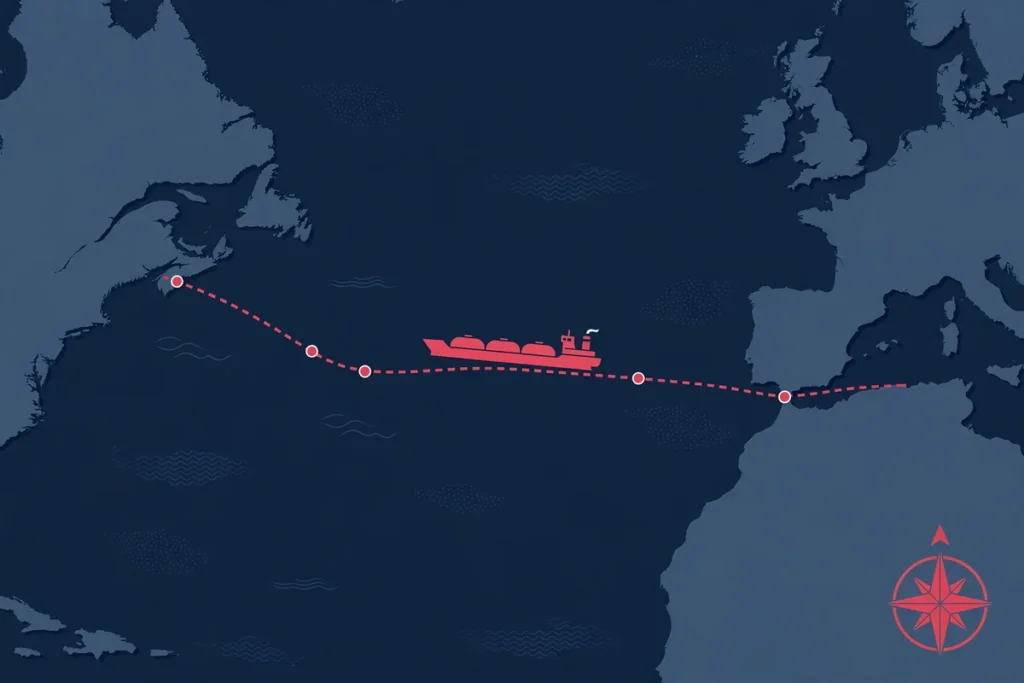 Map-style illustration of a Russian diesel tanker shipping route across the Atlantic toward the United States