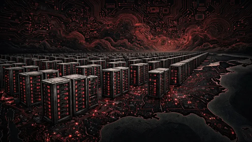 Editorial illustration of US data centers with circuit patterns, the infrastructure behind the Super Intelligence Force agenda