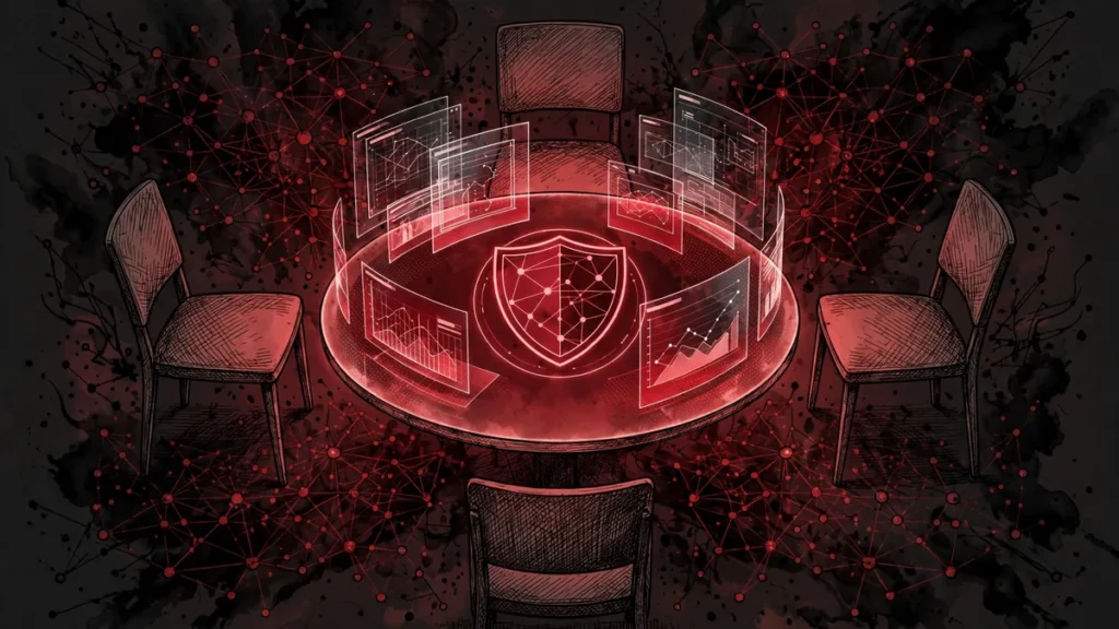 Editorial illustration of the Super Intelligence Force task force coordinating federal AI policy around a glowing table