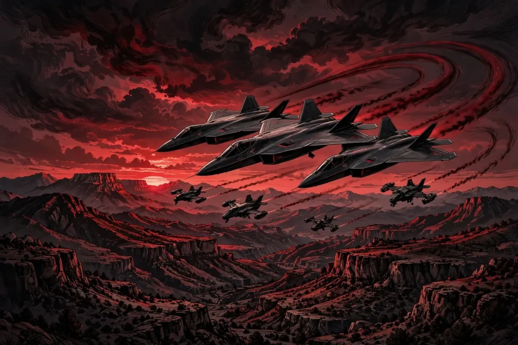 AI-generated illustration: Turkish fighter jets and combat drones in formation over Anatolian mountains