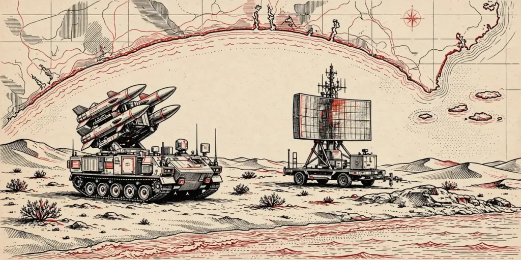 UAE military capabilities illustration: air defense battery and radar on desert terrain near the sea